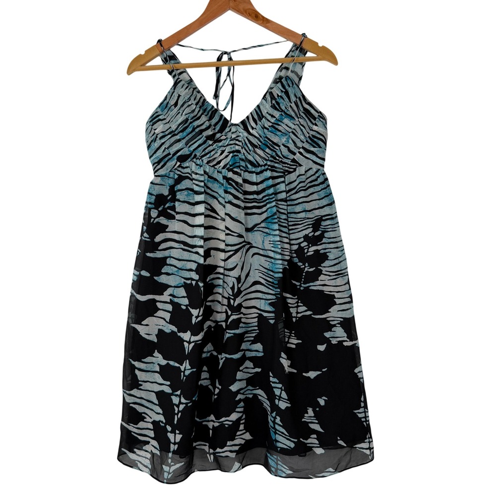 Vintage BCBG Paris Silk Mini Dress Womens 6 Blue Black Zebra Print Sleeveless
